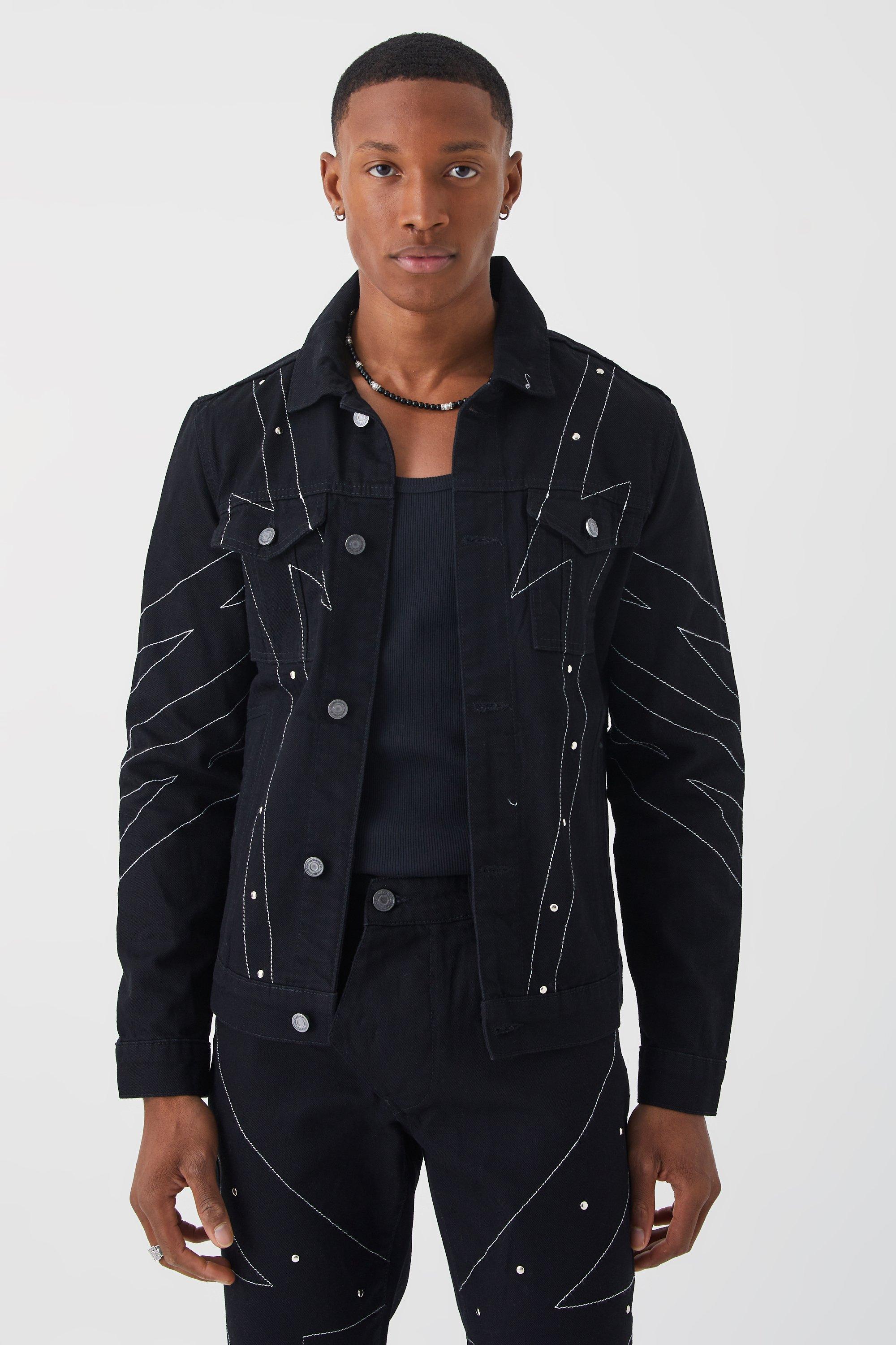 Studded Denim Jacket With Contrast Stitch boohooMAN UK